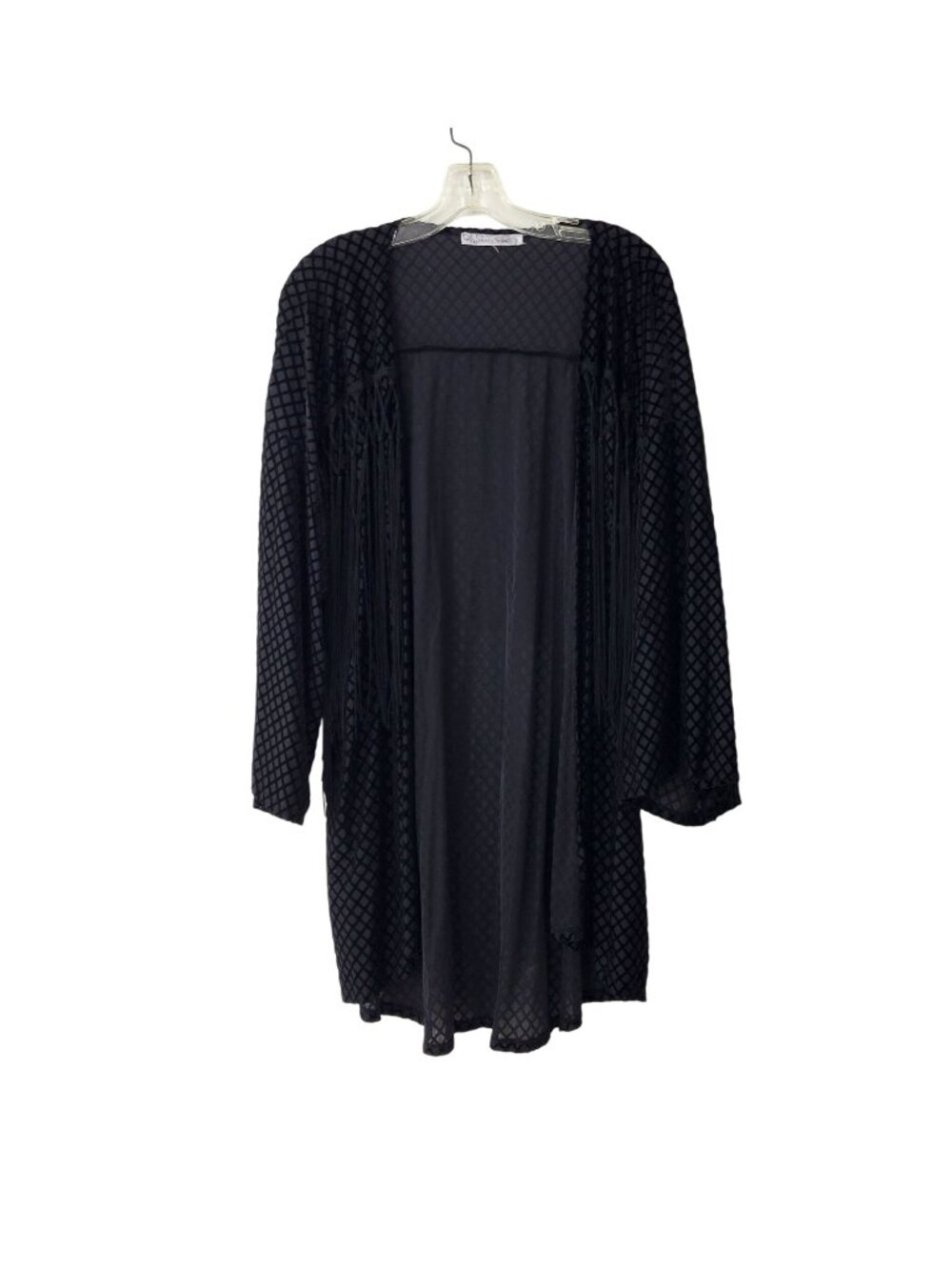 Sans Souci Black Velvet Flocked Jersey Kimono Cardigan with Fringe